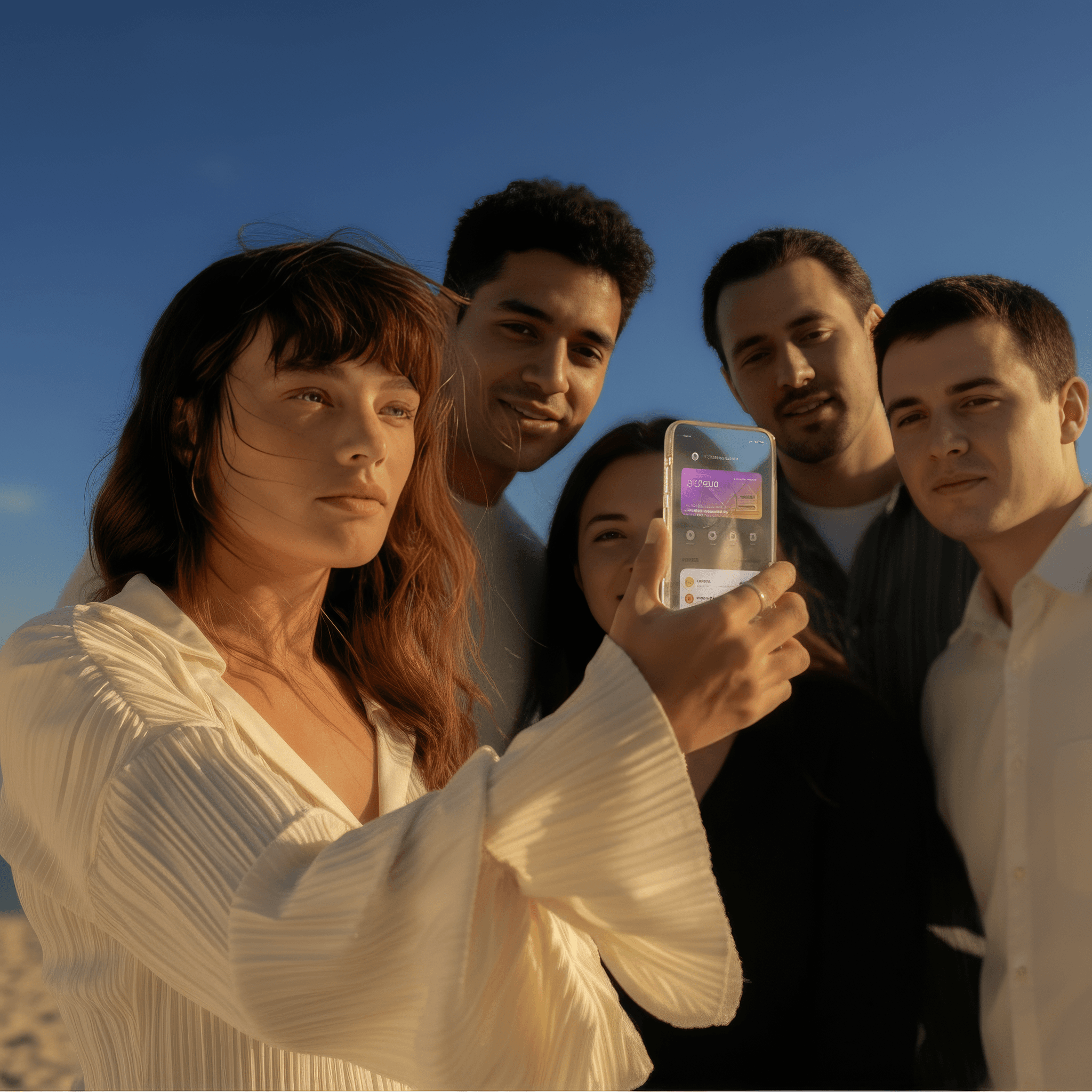 Friends sharing their WanderFund app on the beach